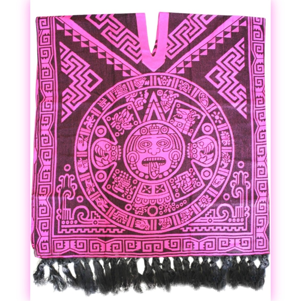 Hand Woven Mexican Aztec Calendar Poncho Shawl Gaban Pink Fringe